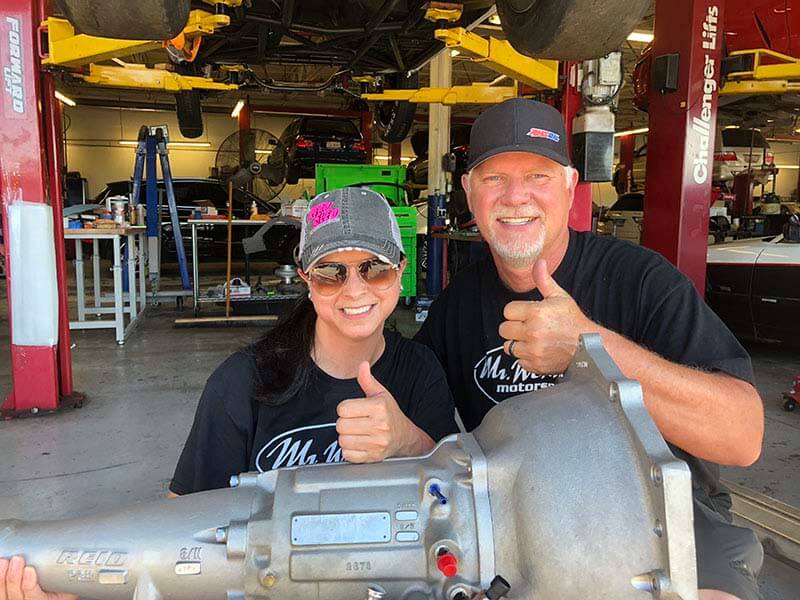 Driver Lea Ochs and custom transmission builder Wendell Dunaway